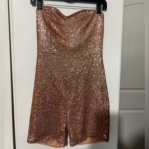 Elegant Strapless Sequin Romper - Shimmering Rose Gold